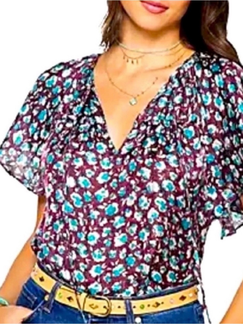 NEW! Woven Floral V-Neck Blouse in Burgundy and Teal - Brand